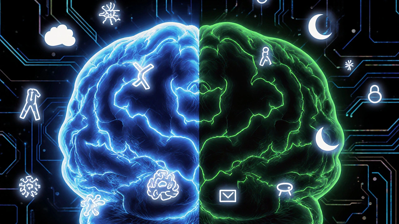 A brain scan showing active neurotransmitter pathways for venlafaxine versus an SSRI, with floating side effect symbols.