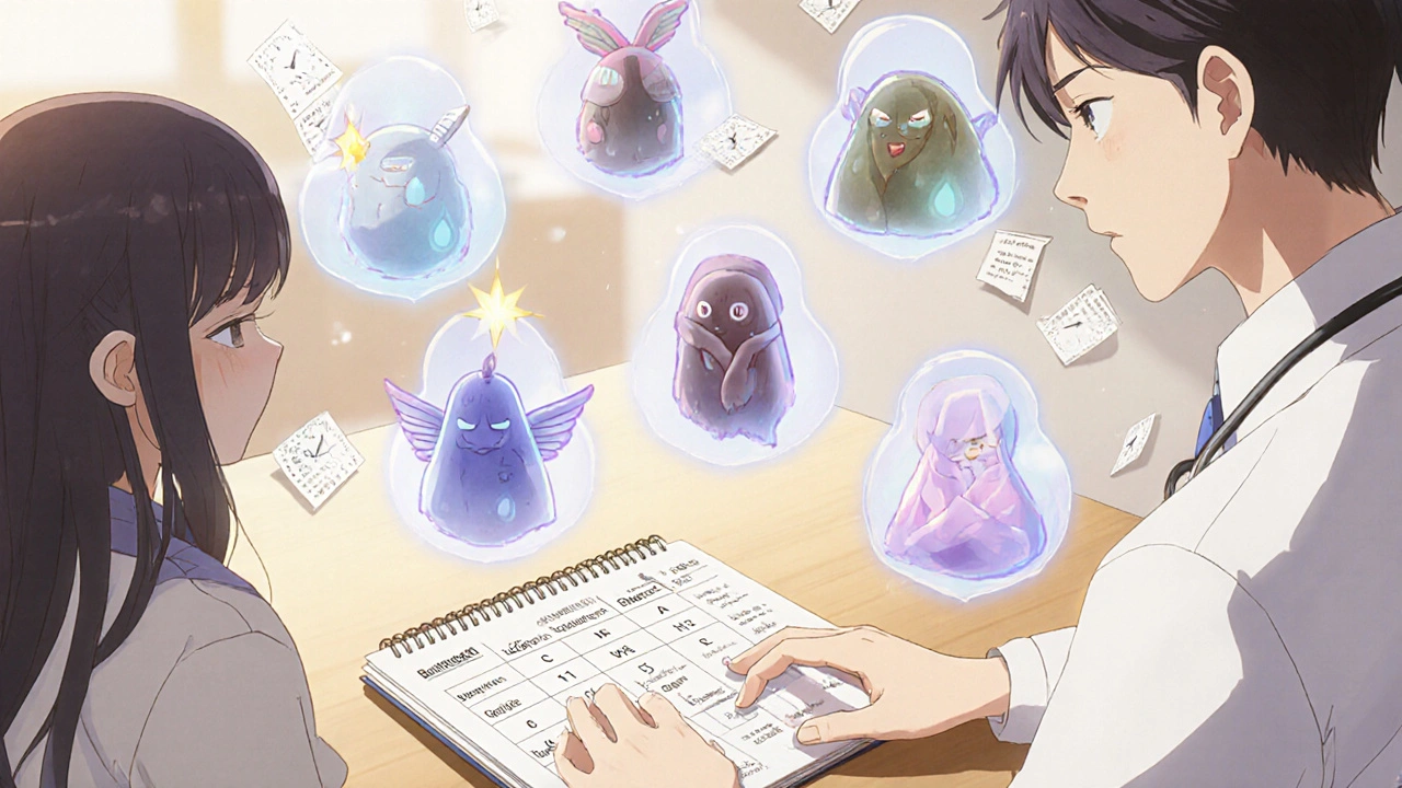 A doctor and patient at a clinic table with translucent spirit representations of antidepressants floating behind them.