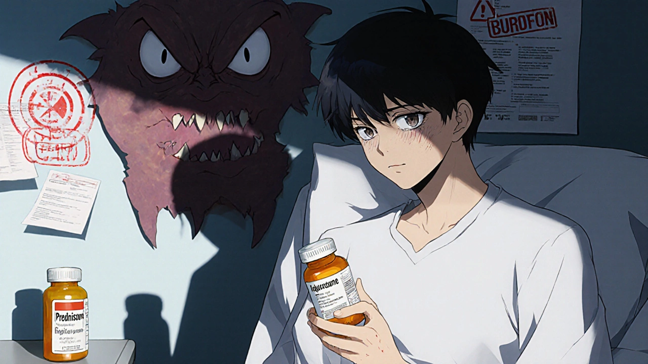 A patient on a hospital bed with a monstrous ulcer shadow looming behind them, holding prednisone and ibuprofen.