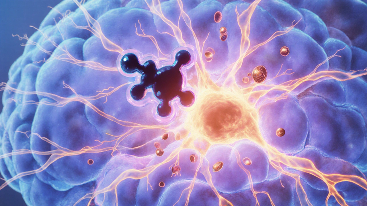 Animated brain cross‑section shows cholinergic neurons and Donepezil enhancing synaptic activity.