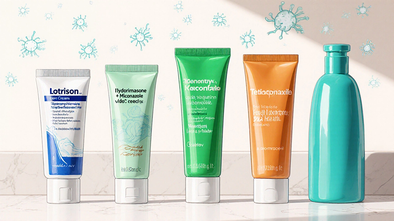 Bathroom counter displaying various antifungal creams and a shampoo bottle.