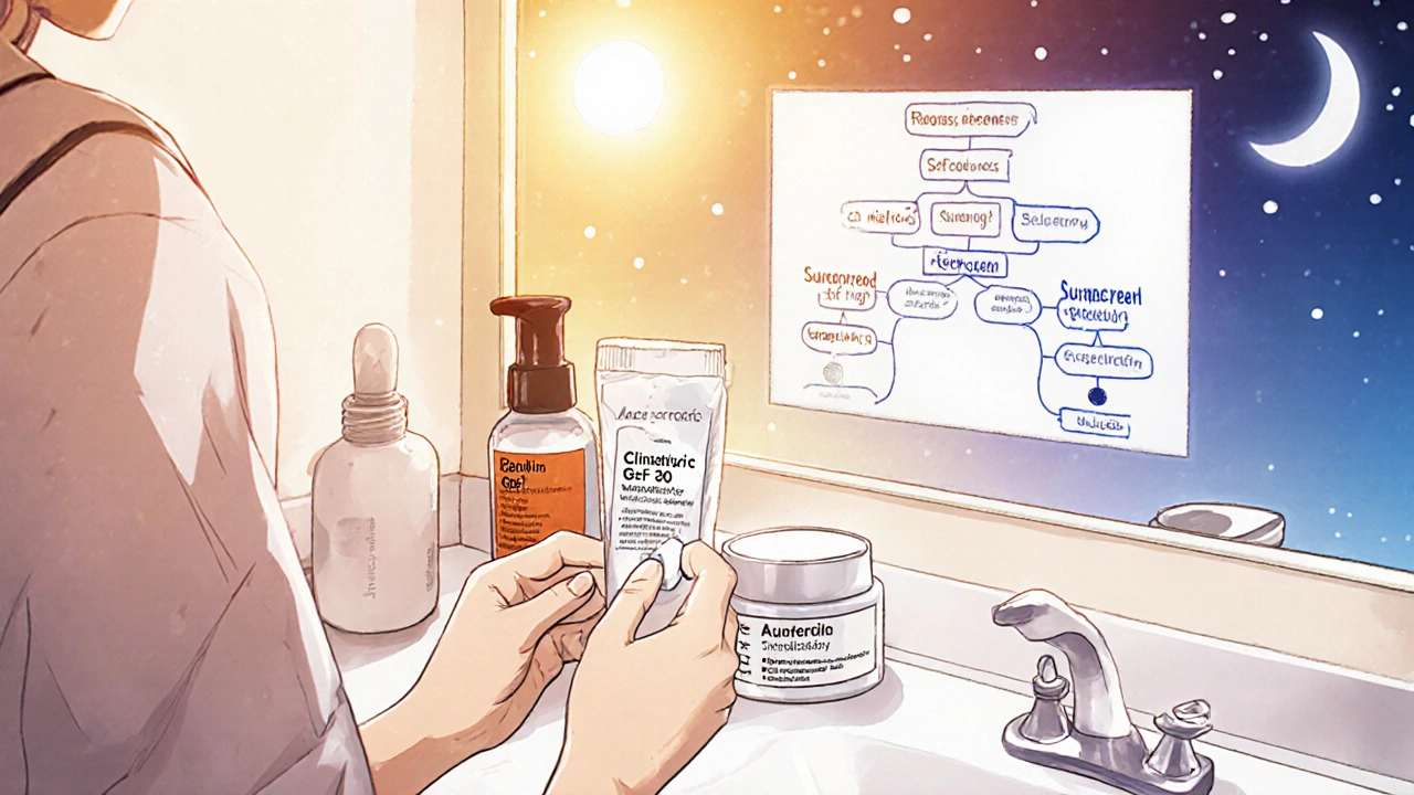 Bathroom counter with clindamycin gel, benzoyl peroxide, sunscreen, and retinoid, plus a decision tree overlay.