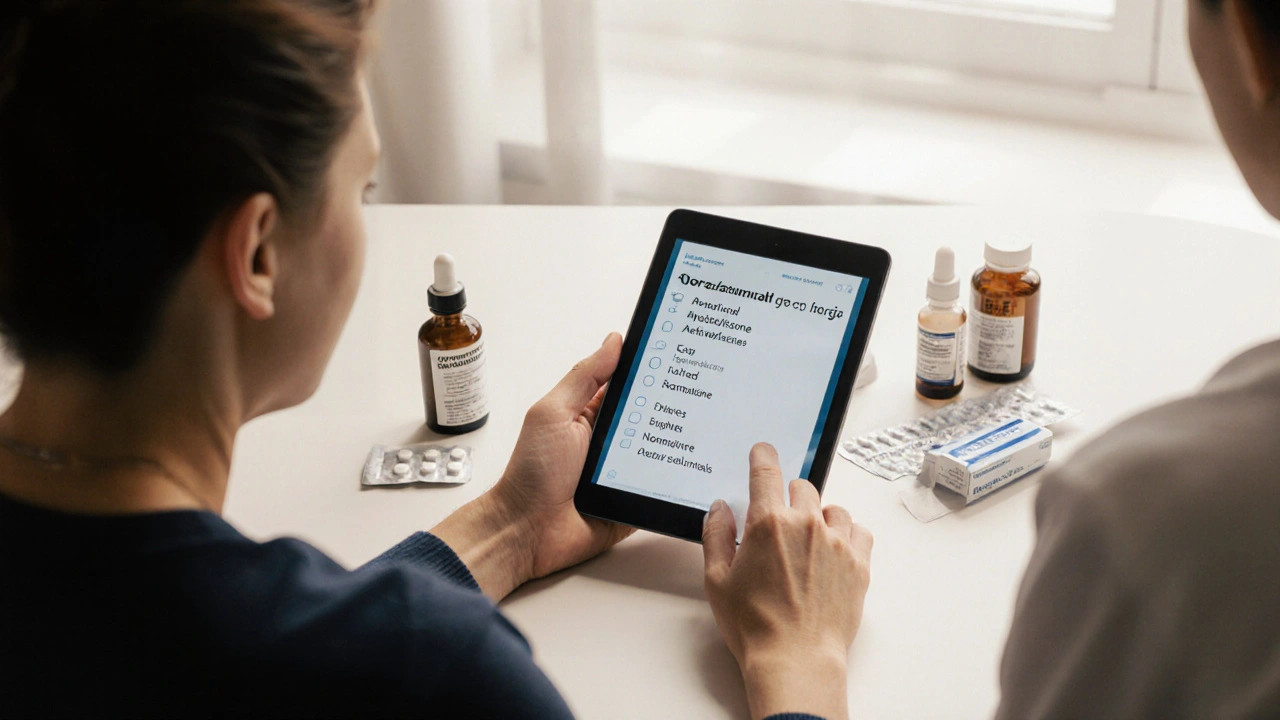 Doctor and patient examining medication bottles and an eye‑drop bottle.