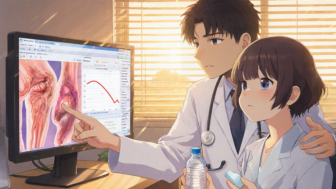 Doctor and patient reviewing health data, with visualizations of healing liver and joints in the background.