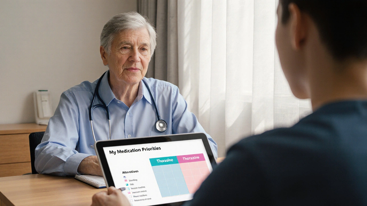 Doctor discussing medication options with patient in a bright clinic.
