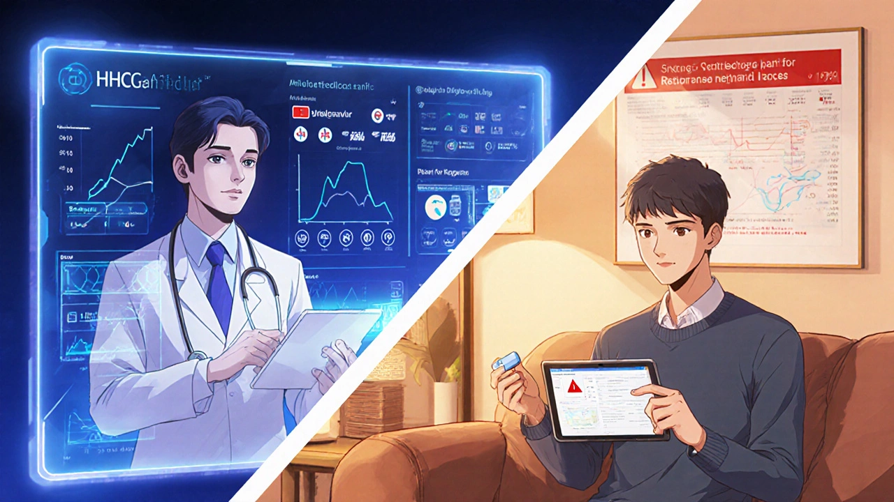 Doctor reviewing AI resistance dashboard during video call with patient at home.