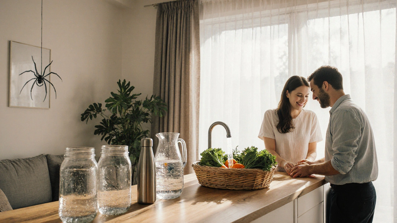 Eco‑friendly home scene with glass jars, stainless steel bottles, organic veggies, and happy couple.