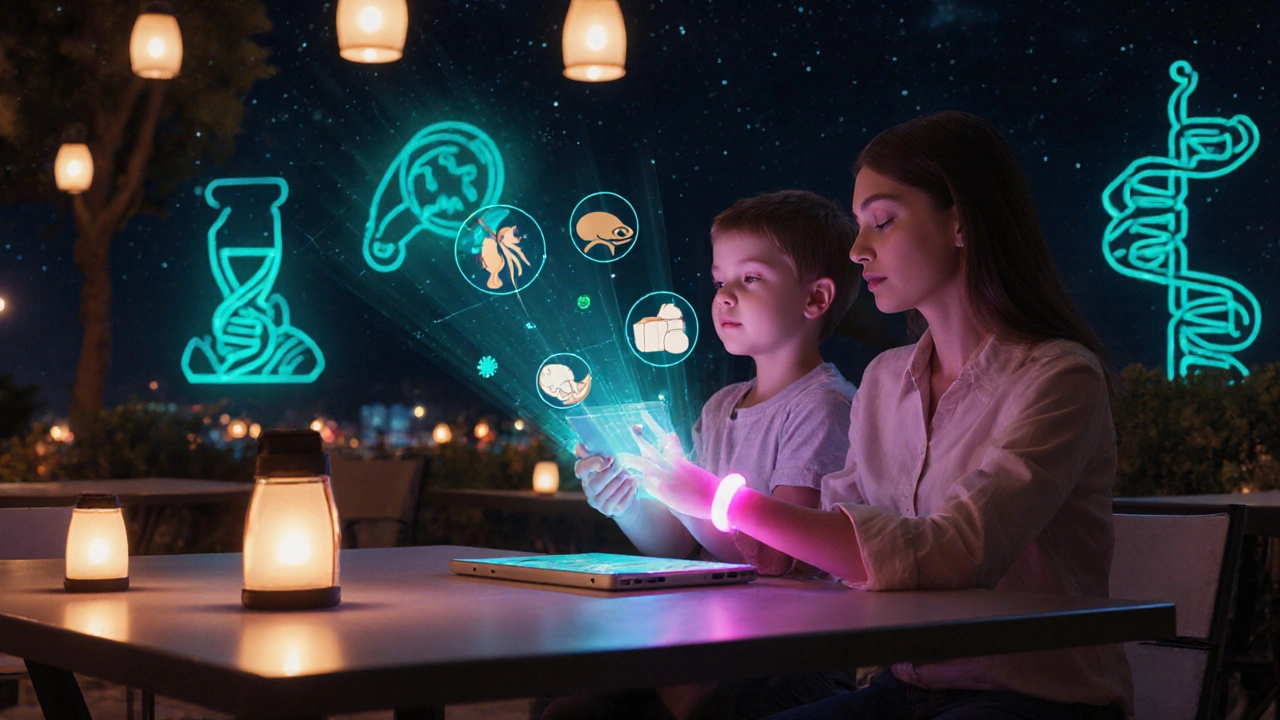 Family using a holographic allergy passport at a café, with futuristic gene‑editing lab background.