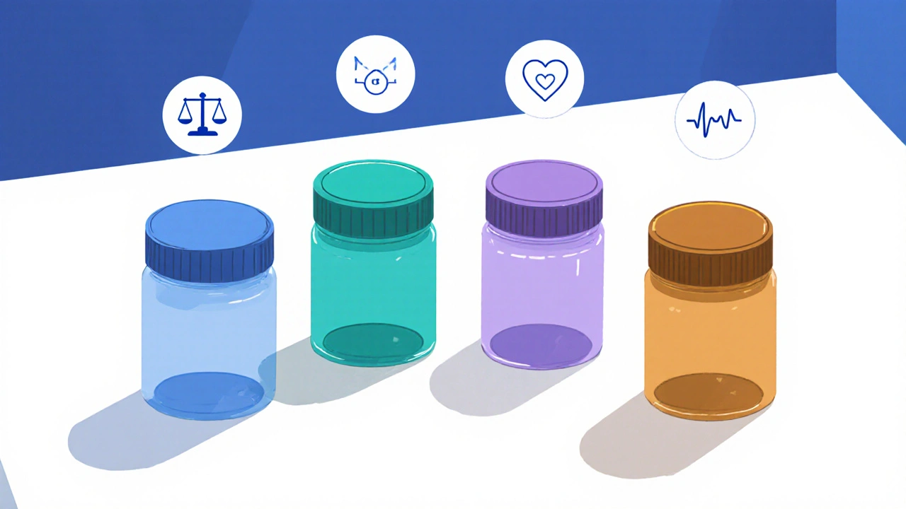 Five colored pill bottles with icons for weight, interaction, half‑life, and sexual side effects.