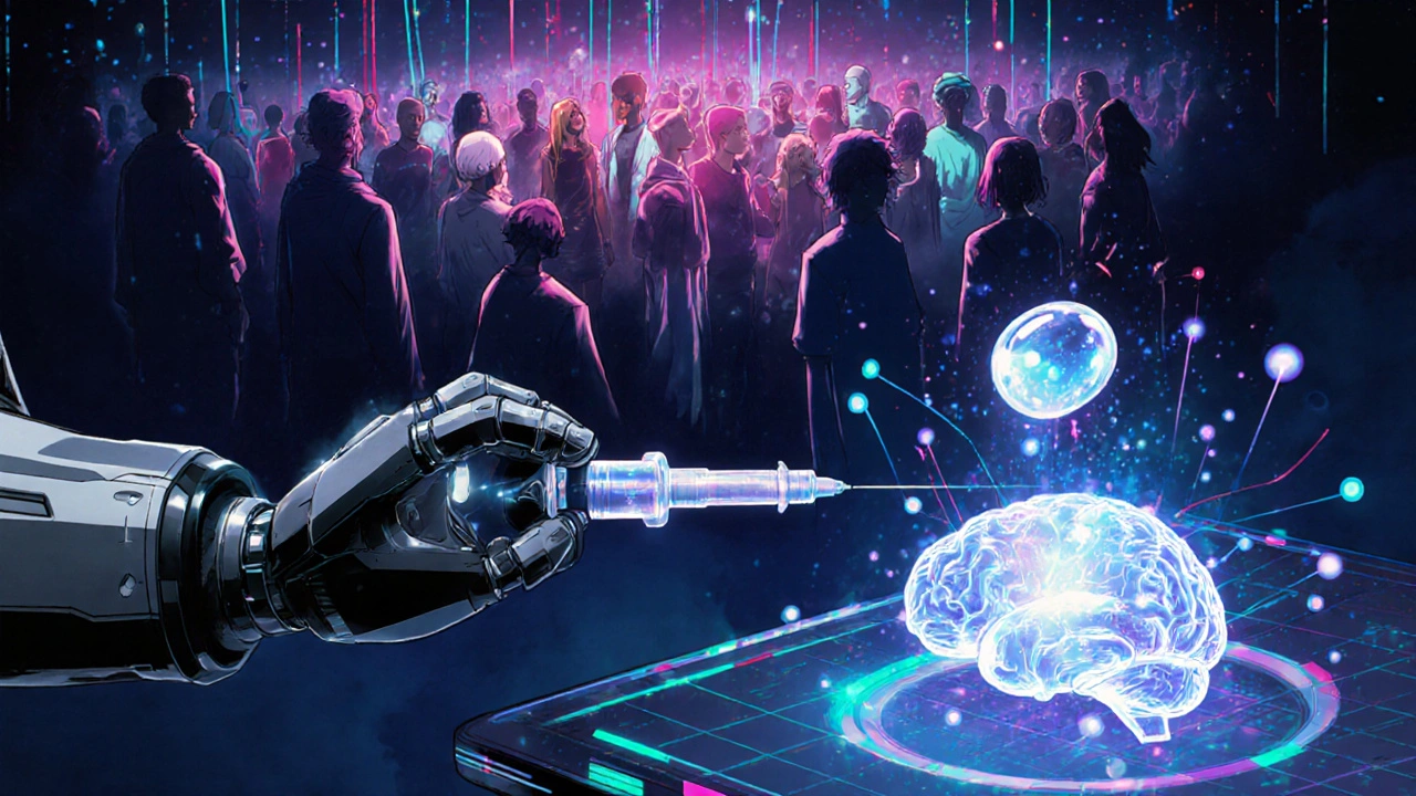 Futuristic scene showing injectable Raltegravir depot, smart pill, and AI data cloud.