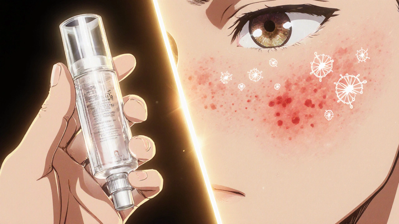 Hand applying clear clindamycin gel to inflamed skin, showing before and after.