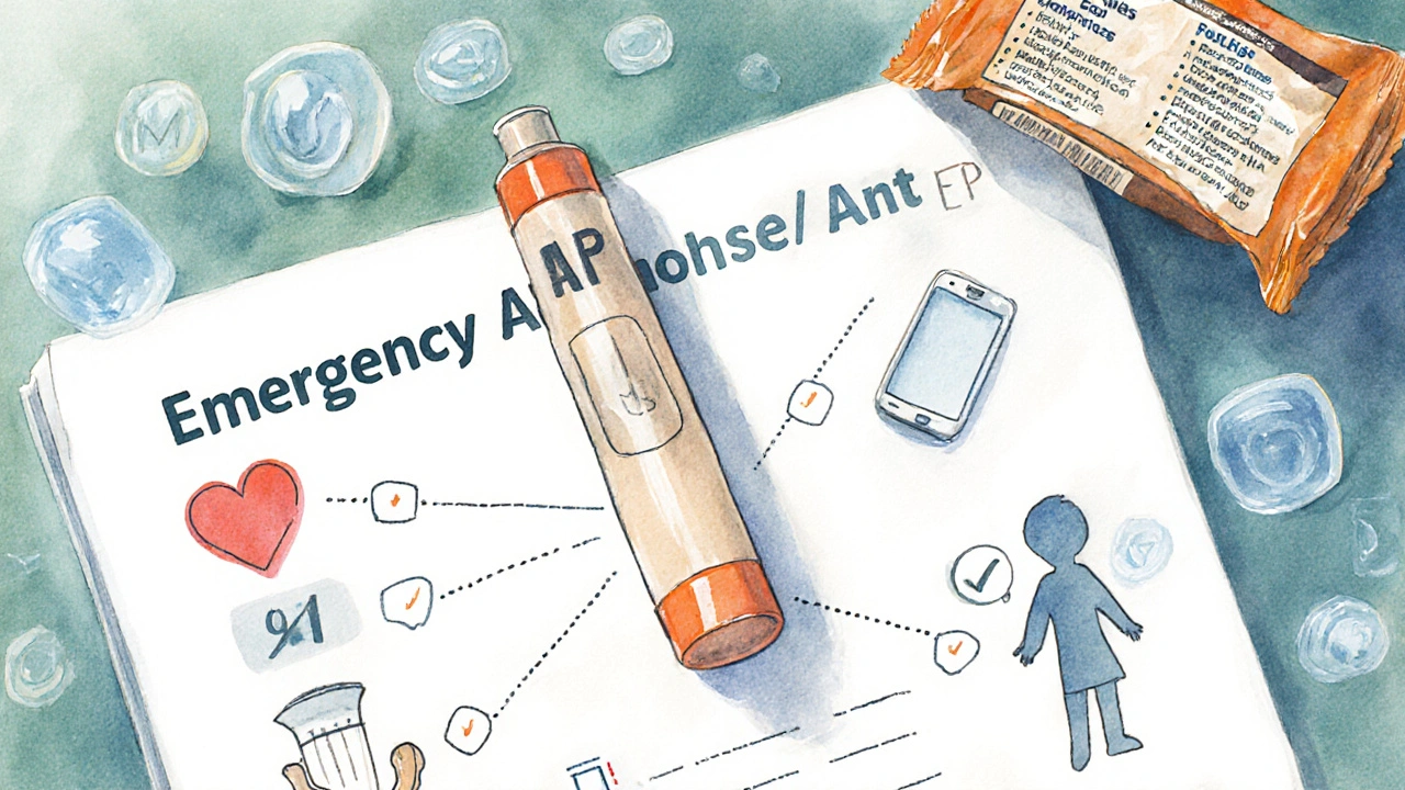 Illustrated emergency plan with an epinephrine injector, medical icons, and food label details.