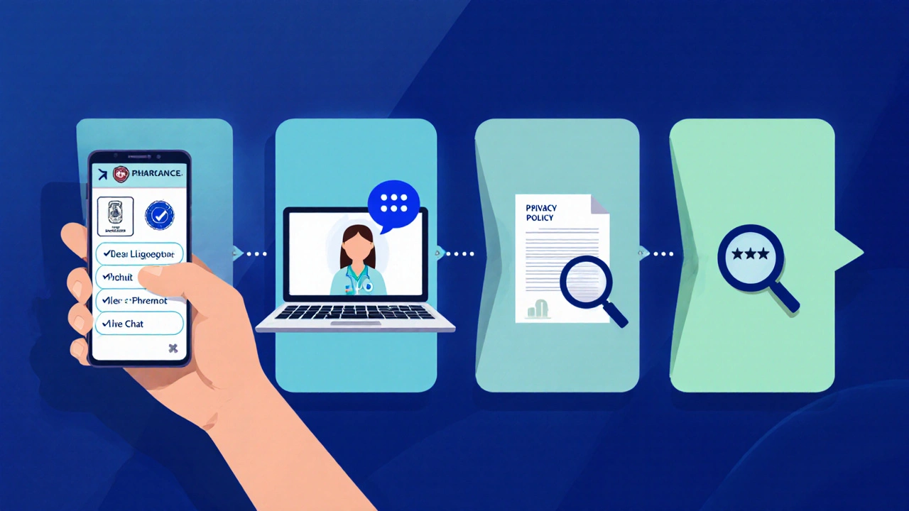 Illustration of a verification checklist showing licence badge, pharmacist chat, privacy document, and reviews.