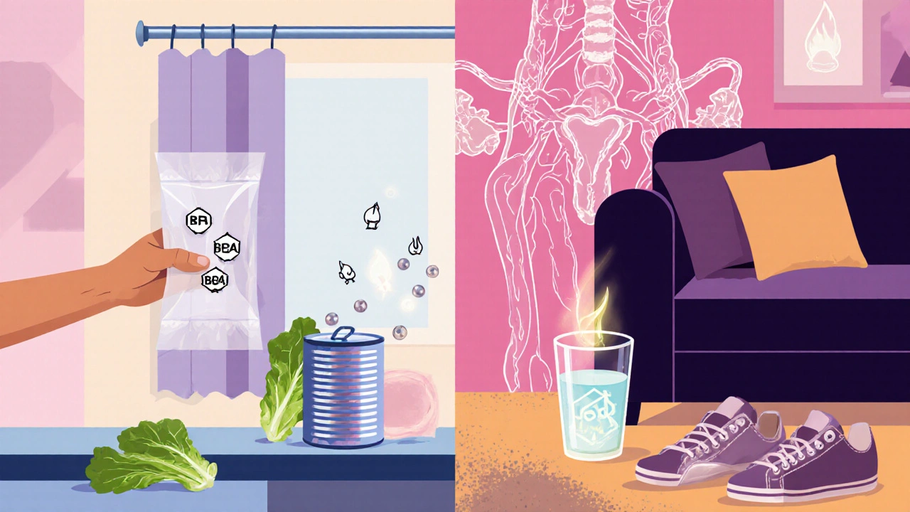 Illustration of everyday chemical sources and their impact on reproductive hormone pathways.