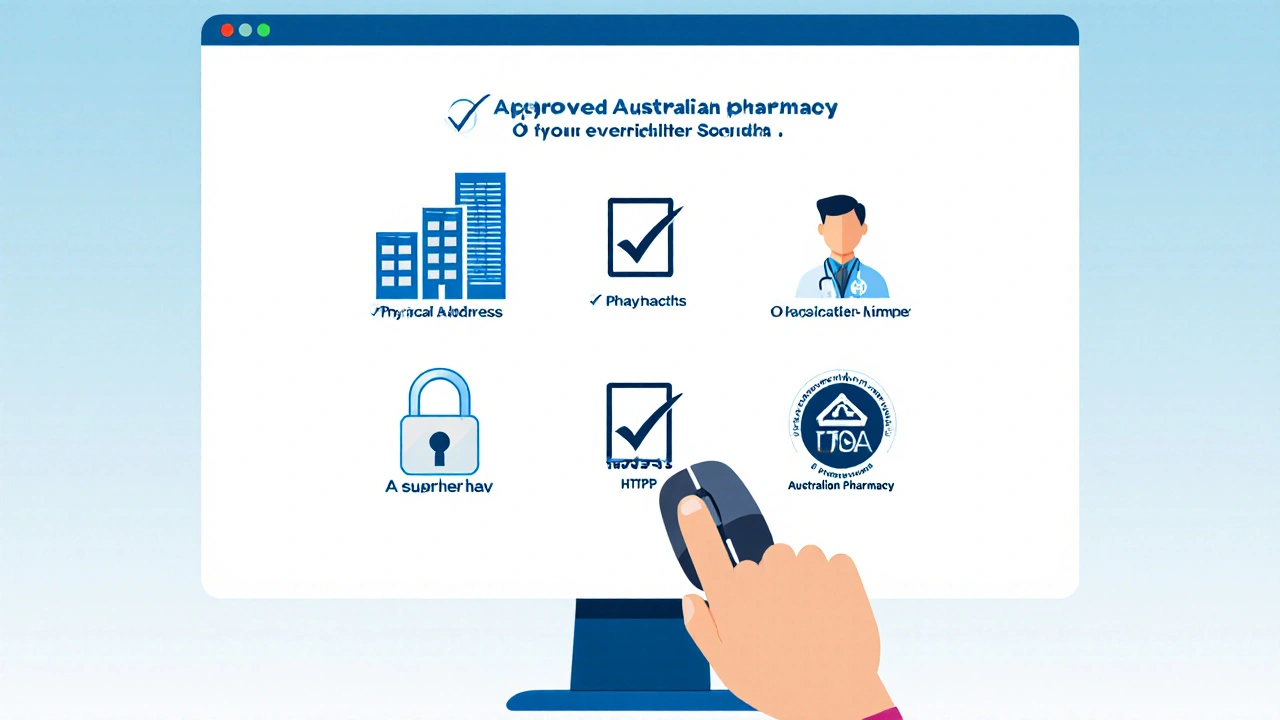 Illustration of online pharmacy verification checklist with TGA logo and checkboxes.
