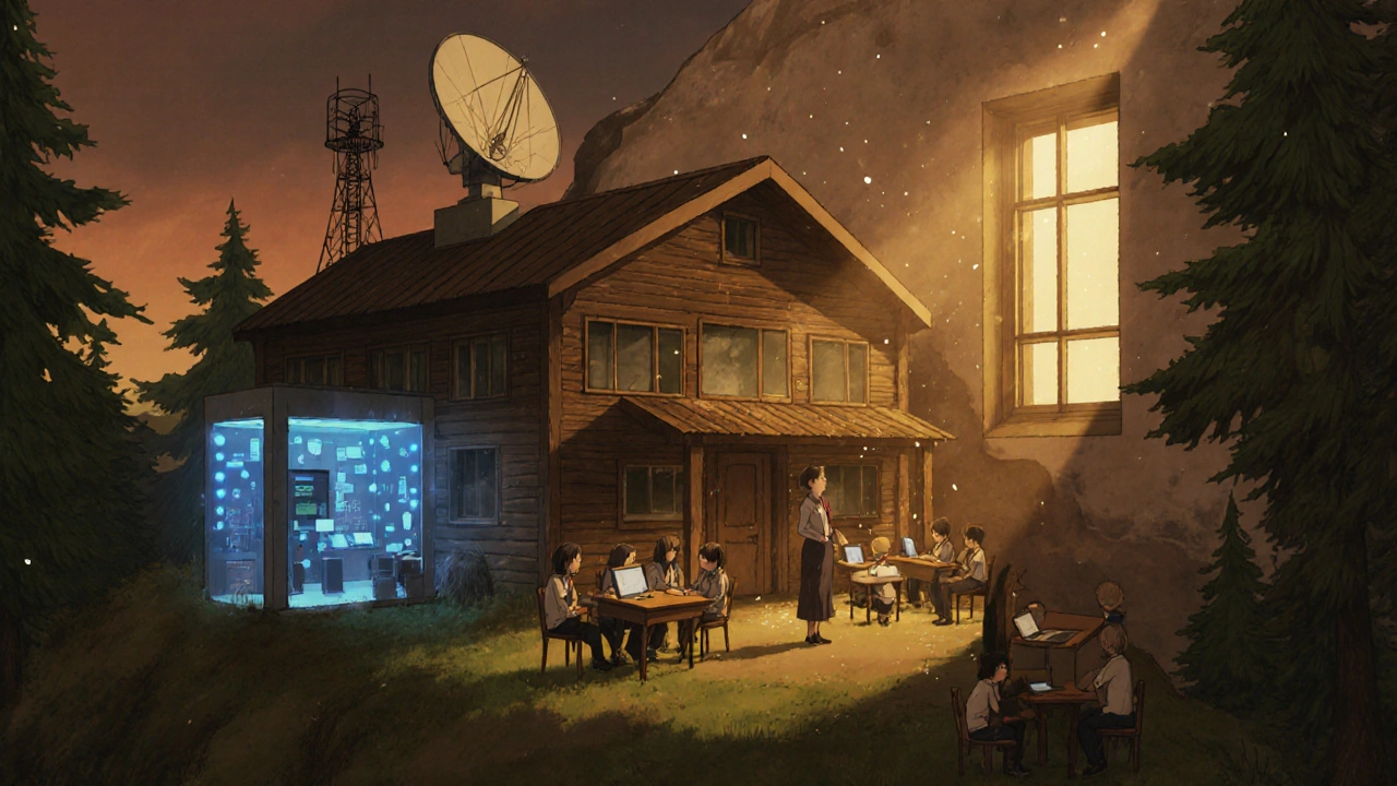 Inside a small rural school, teacher with students near a satellite dish and Wi‑Fi hub, warm lighting.