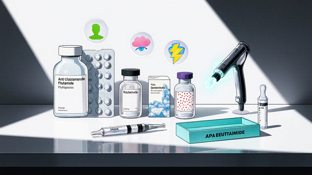 Lineup of anti‑androgen drugs with visual icons for side effects on a lab bench.