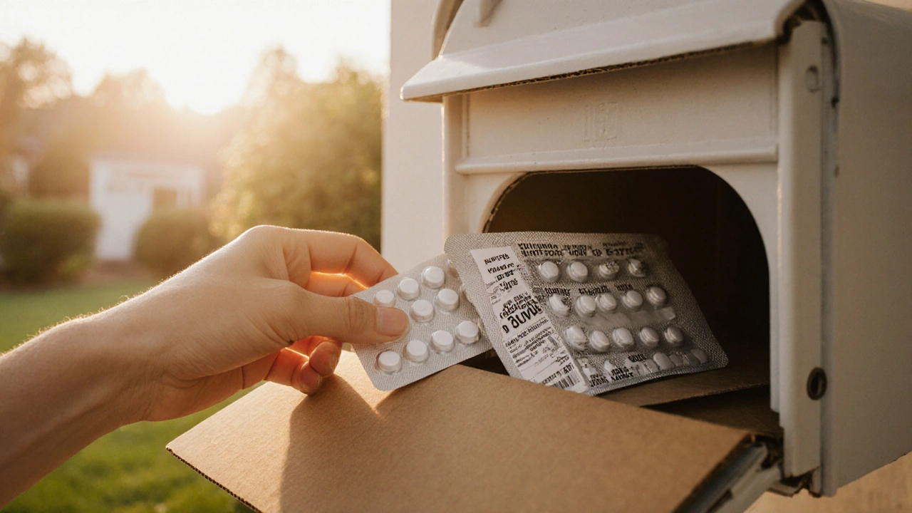 Mailbox with box of Celecoxib tablets, hand reaching to inspect the pack in sunlight.
