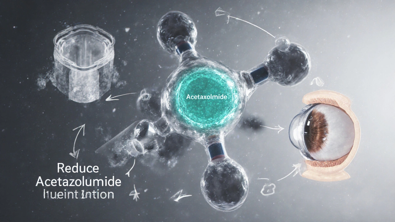 Molecular view of carbonic anhydrase blocked by a drug, with kidney and eye illustrations.