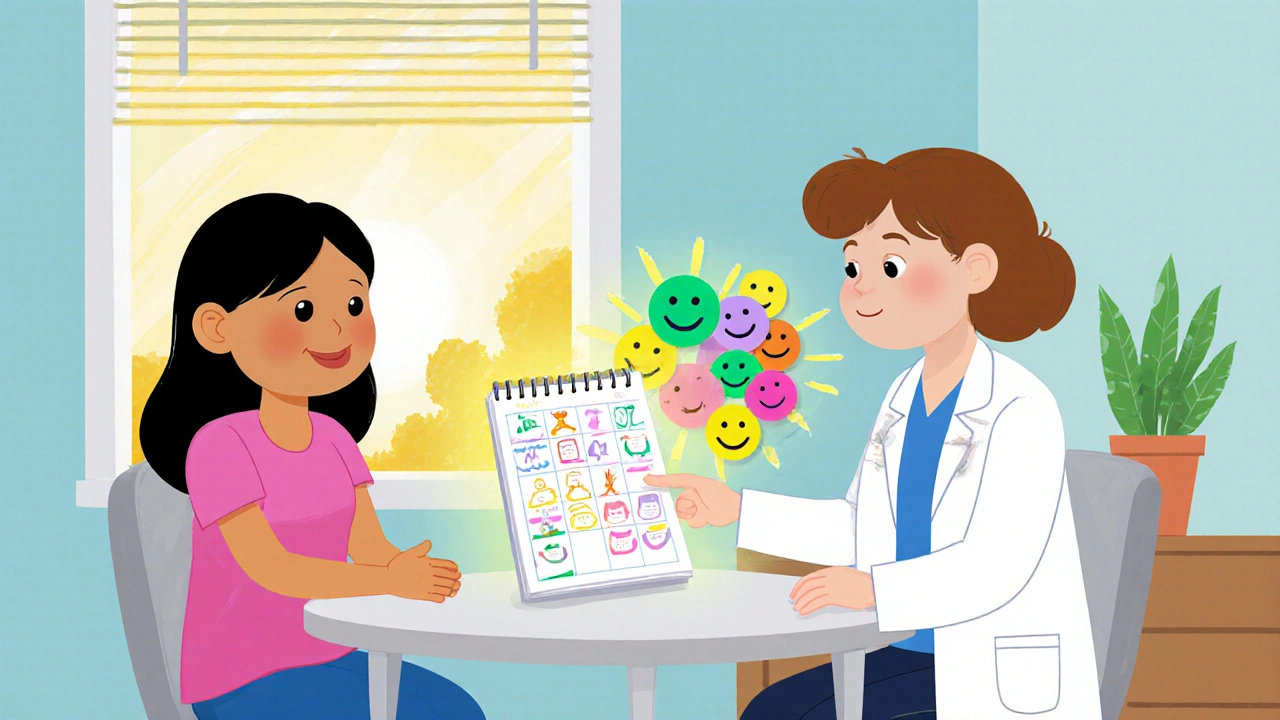 Mother and doctor reviewing mood diary in a sunny clinic, showing support.