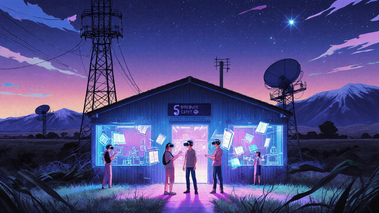 Nighttime rural community center turned tech hub with AR students, glowing 5G tower and holographic displays.