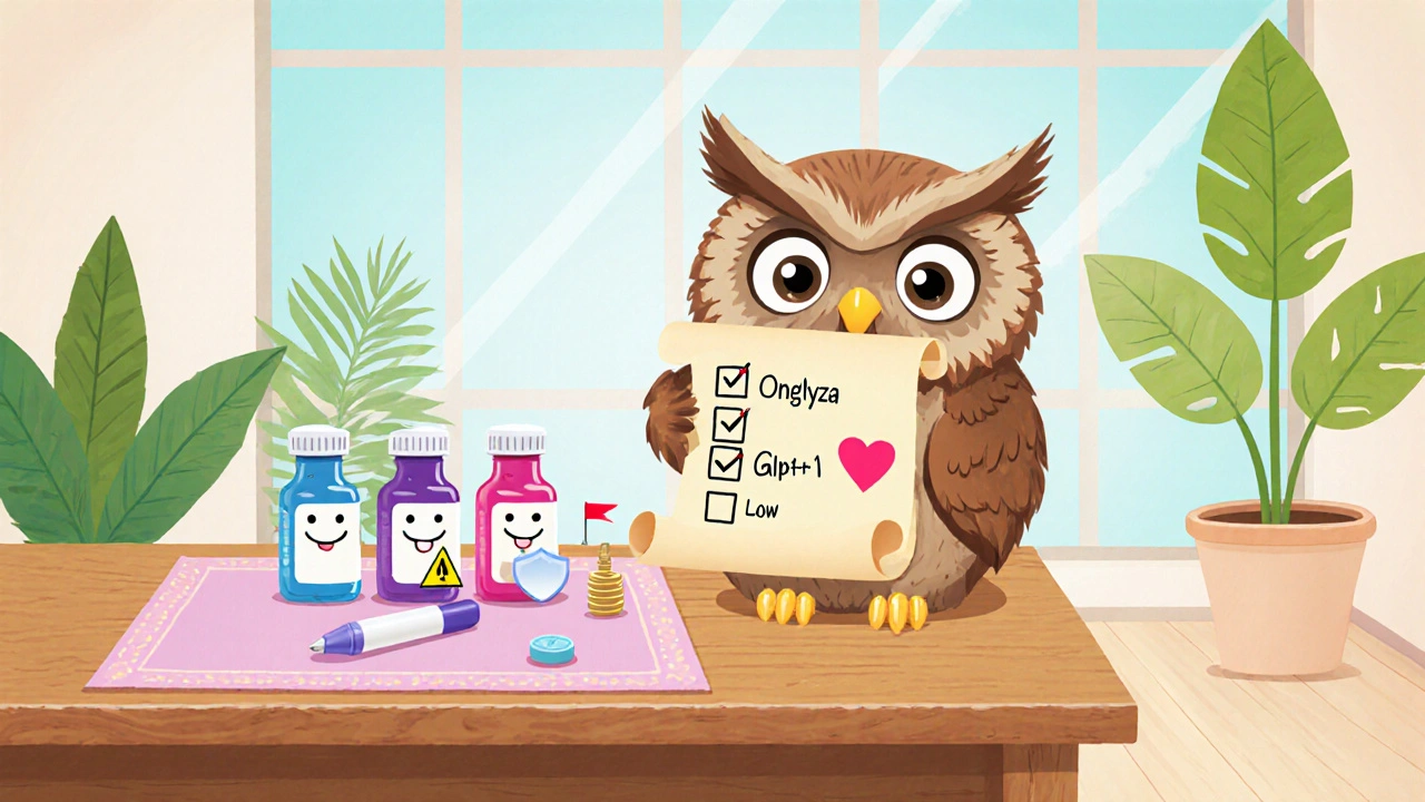 Owl doctor holds a checklist beside smiling medicine bottles in a sunny clinic.
