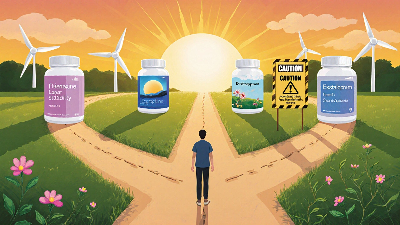Patient at a forked path, each trail lined with different SSRI bottles and symbolic cues.