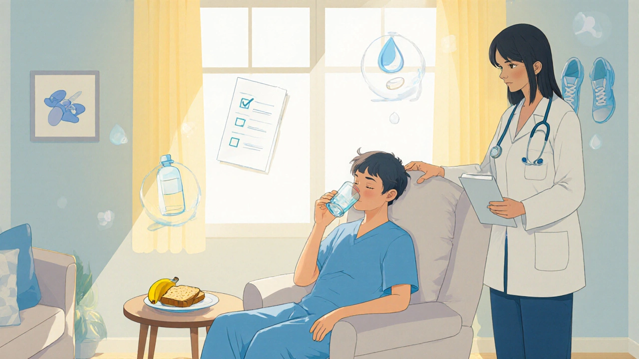 Patient at home sipping water, family member holding checklist, sunny room.