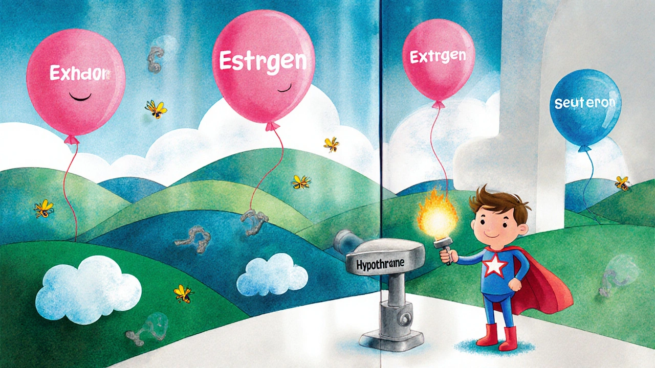 Playful brain scene with hormone characters and clomiphene superhero adjusting a lever.