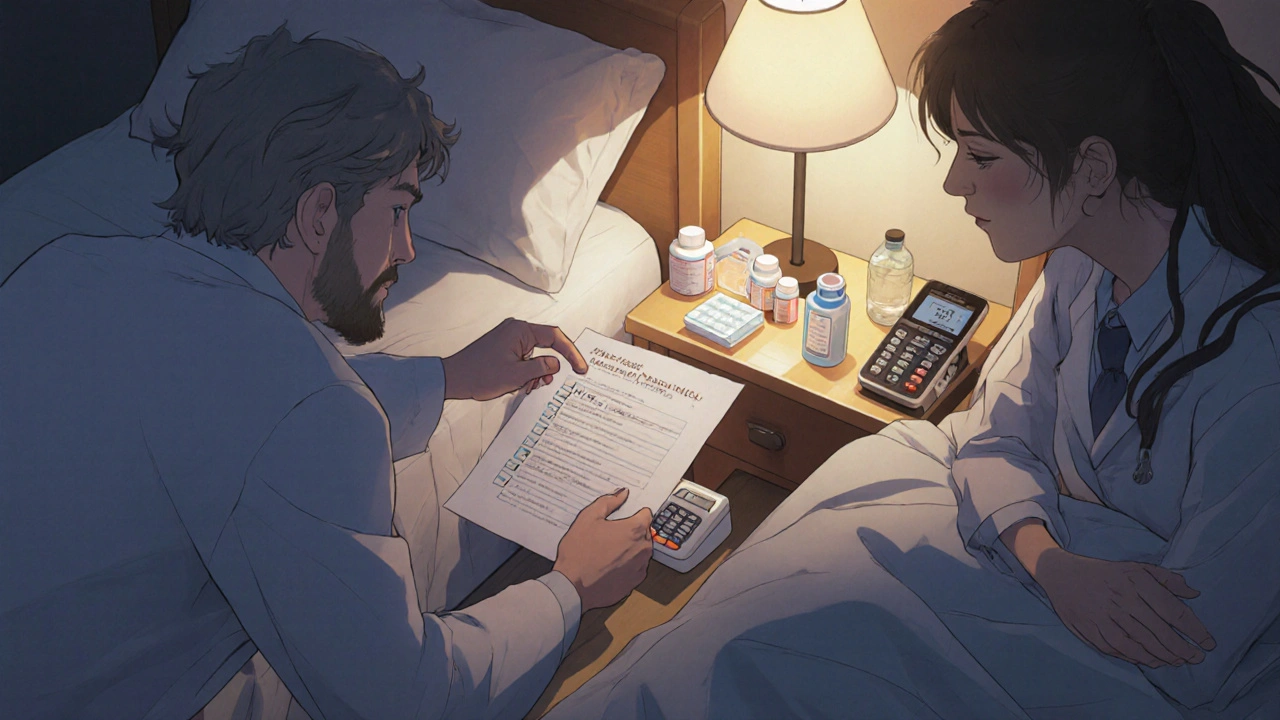 Prepared bedroom with recovery kit, doctor reviewing checklist with patient.