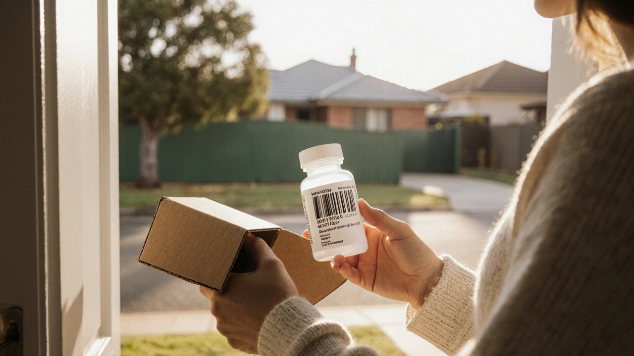 Recipient opening a courier box, examining a sealed medication bottle with batch and expiry details.