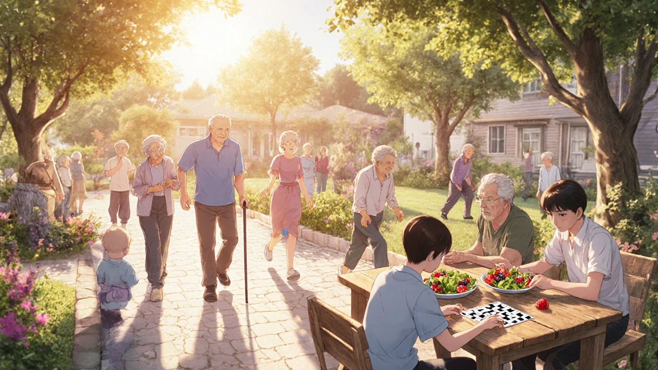 Seniors exercise, cook healthy food, and engage in social activities in a bright garden.