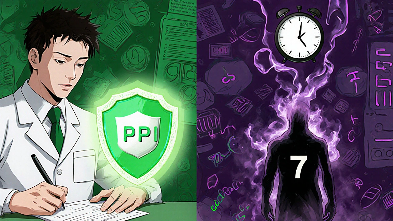 Split scene: a protective PPI shield versus a bleeding patient with a ticking 7-day clock in anime style.