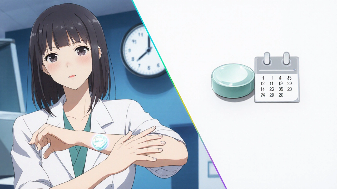 Split scene showing dermatologist applying cream and a fluconazole tablet.