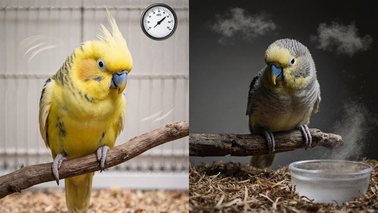 Split‑screen art showing a healthy bird in a clean cage versus a dull bird in a dirty cage.