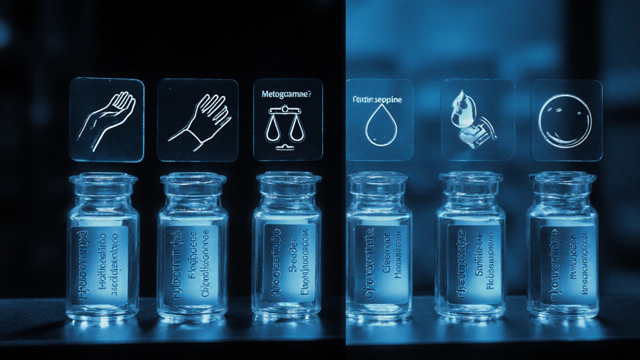 Split-screen of five antipsychotic bottles with side‑effect icons above.