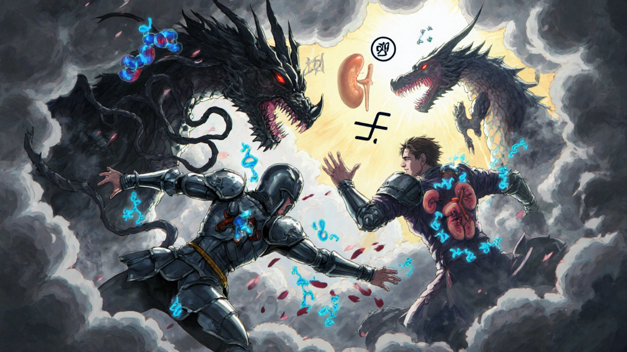 Symbolic battle inside the body: methotrexate warriors fighting inflammation, with kidneys and liver glowing safely.