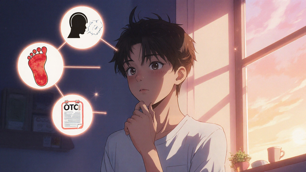 Teenager contemplating treatment options with floating icons of symptoms and labels.