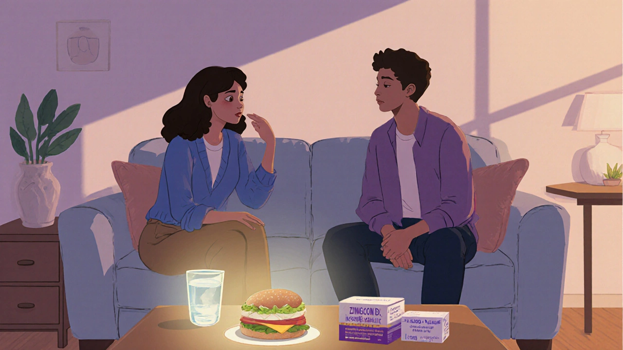 Two friends chatting in a cozy room with comforting aura and relief items nearby.