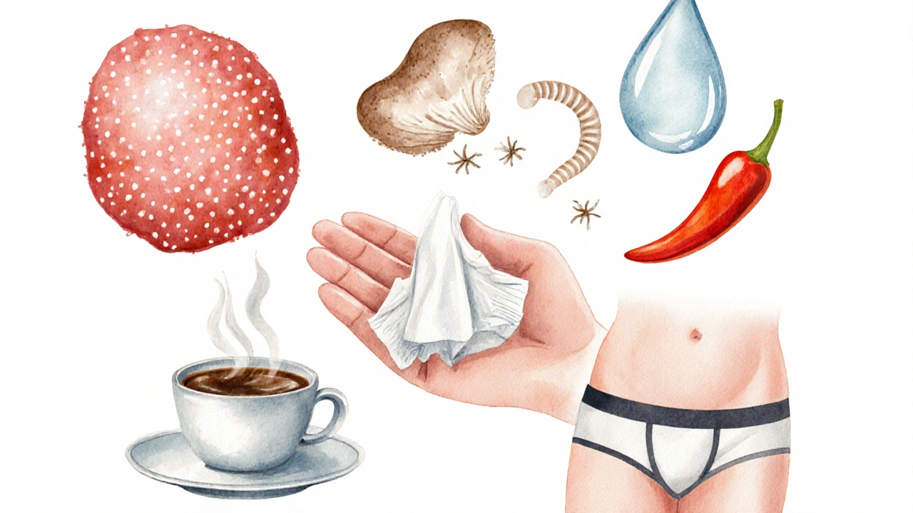 Watercolor collage of hemorrhoid, fungus, pinworm, spicy food, and moisture icons.