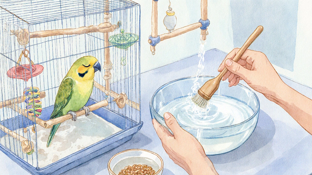Watercolor of disassembled cage parts, bird in a carrier, and cleaning tools during deep cleaning.