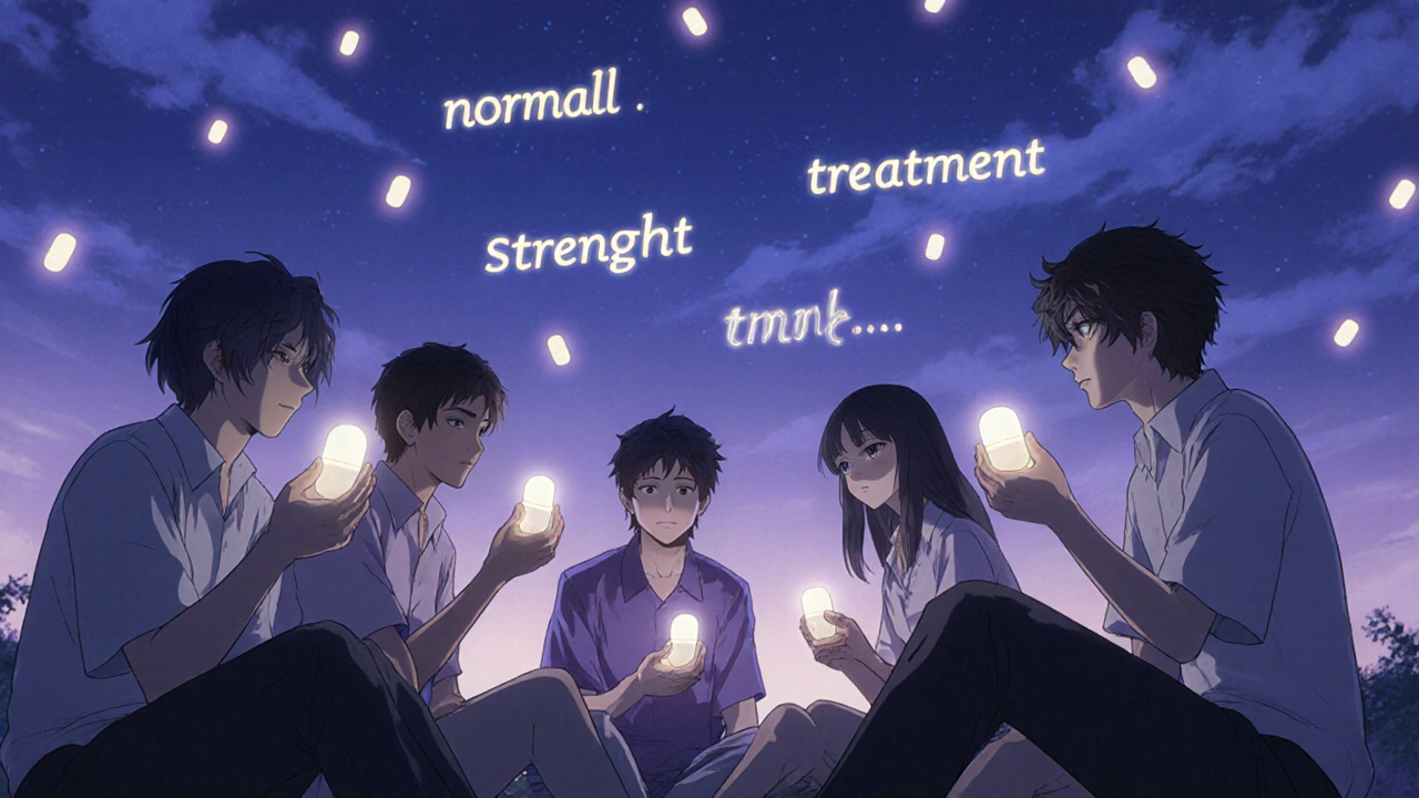 A group of people under twilight sky, each holding glowing pills as words float like fireflies.