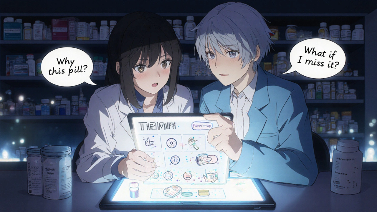 A pharmacist and patient examining a glowing digital medication action plan at a pharmacy counter.