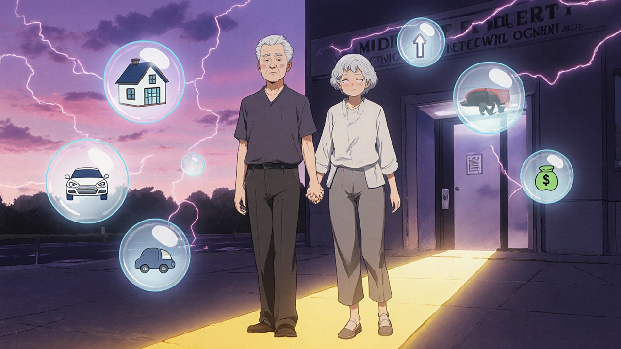 An elderly couple walks toward a Social Security office, with symbols of their excluded assets floating around them.
