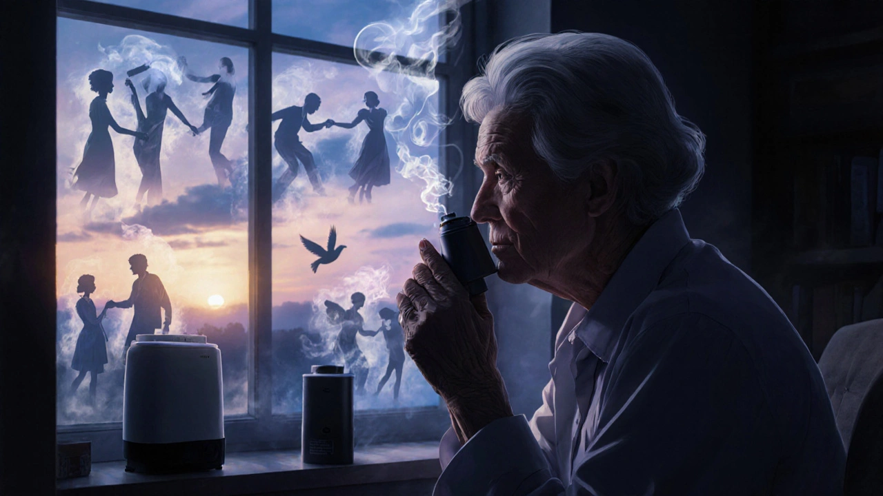 An elderly woman at dusk with oxygen equipment, fading memories of past activities around her.