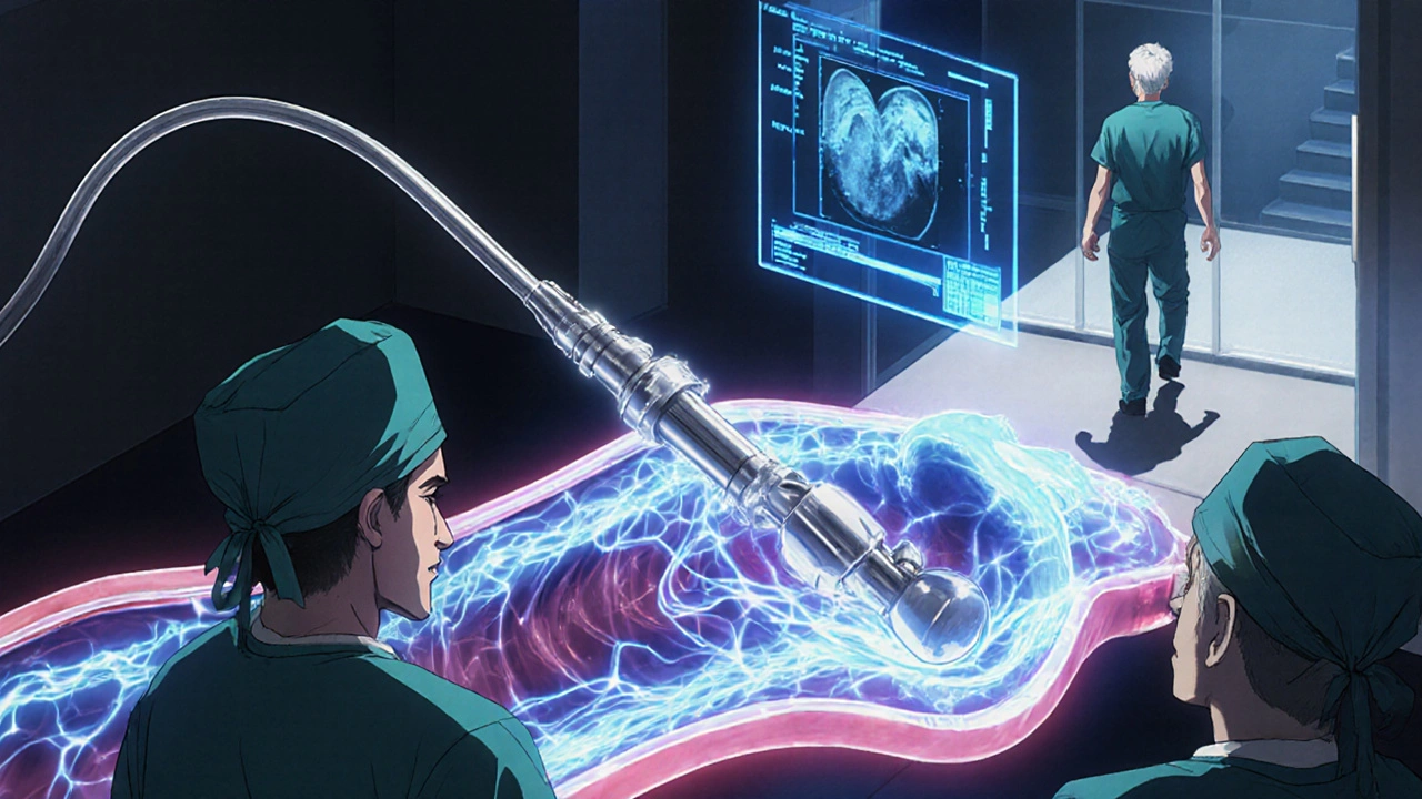Catheter delivering a new heart valve through an artery in a high-tech procedure room