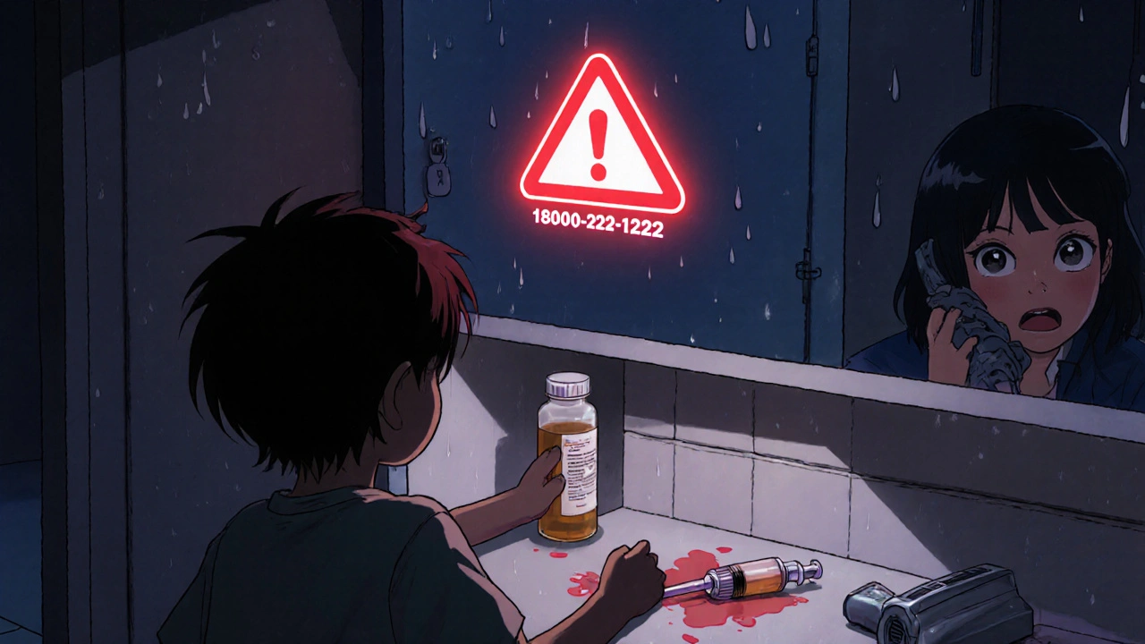 Child reaching for medicine cabinet as a red warning symbol glows above it, parent calling poison control in the background.