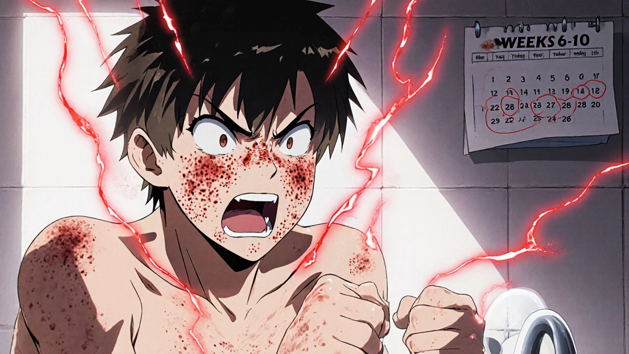 Close-up of face during acne purge, inflamed bumps and glowing energy waves.