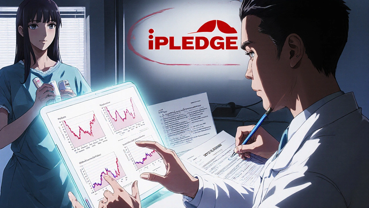 Dermatologist reviewing blood tests with patient holding pregnancy tests under iPLEDGE logo.