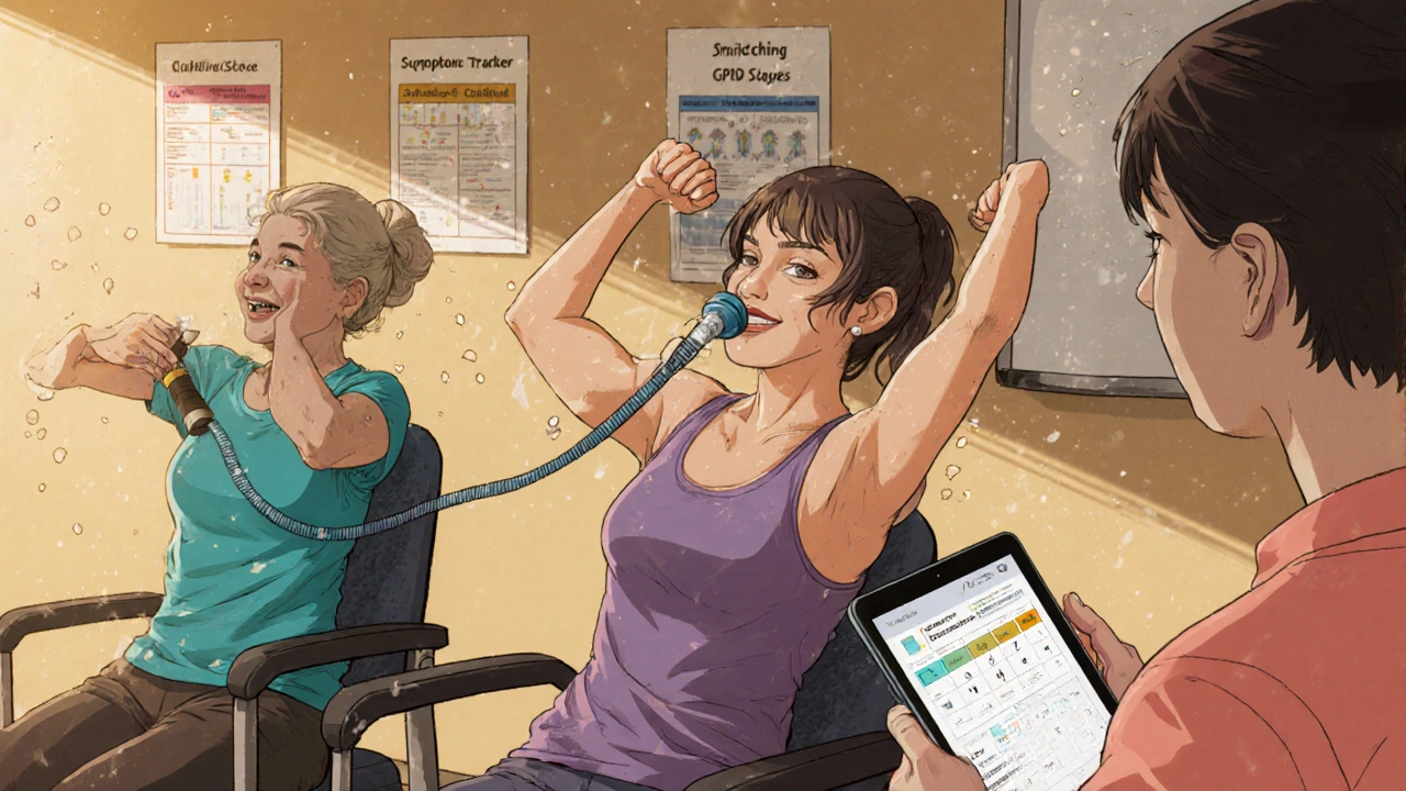 Diverse patients exercising in a pulmonary rehab center with oxygen tanks and symptom trackers.